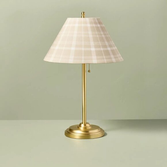 23" Brass Accent Table Lamp Classic Plaid Shade Cream/Tan Hearth & Hand Magnolia - Picture 1 of 7